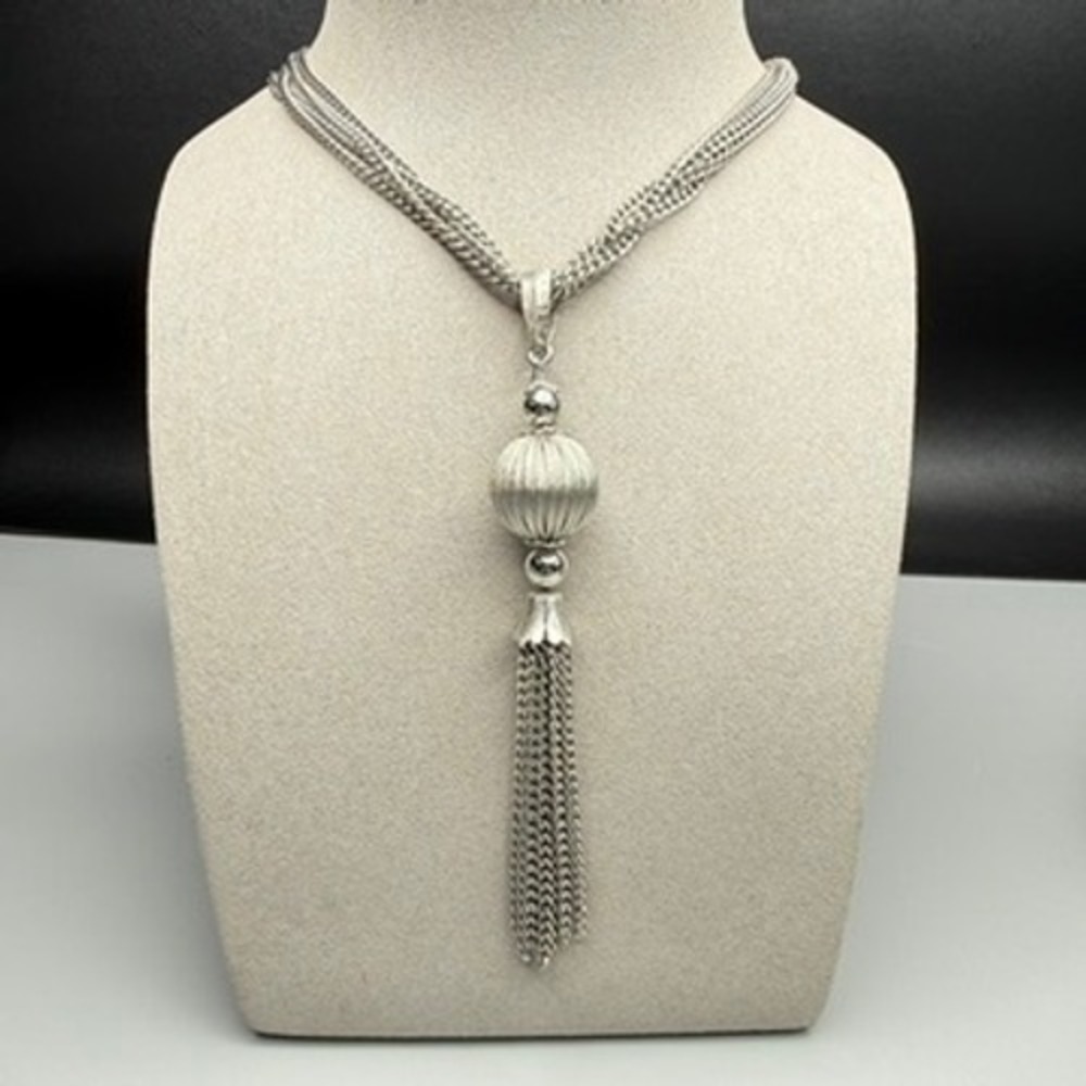 Vintage Tassel Necklace Silver Tone Multi Strand MCM Modernist 21"